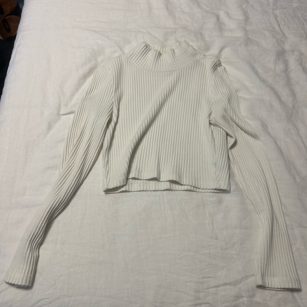 White Ribbed Long Sleeve Sweater